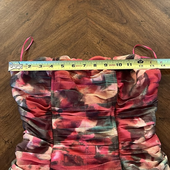 Strapless Bodycon Mini Abstract Floral Ruched Tulle Sz 0 - Picture 6 of 11